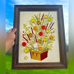 SOLD Vintage Floral Wooden Framed Crewel